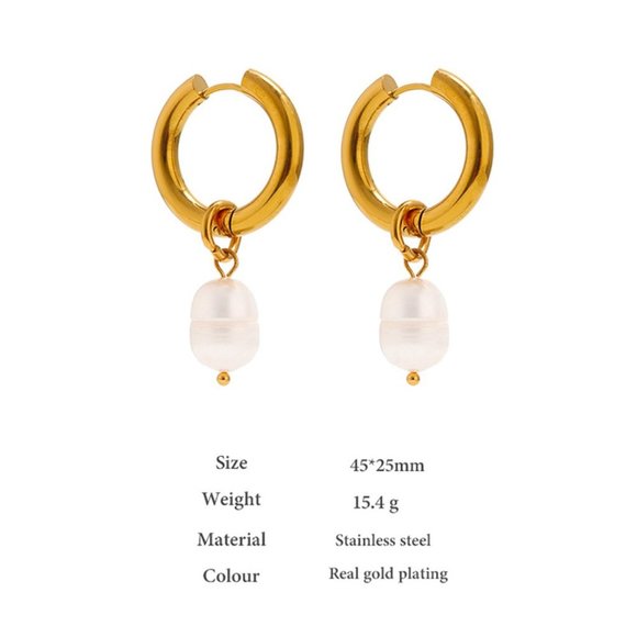 ^NEW 18K Gold Plated Fresh Pearl Drop Round Hoop Earrings - Picture 5 of 9